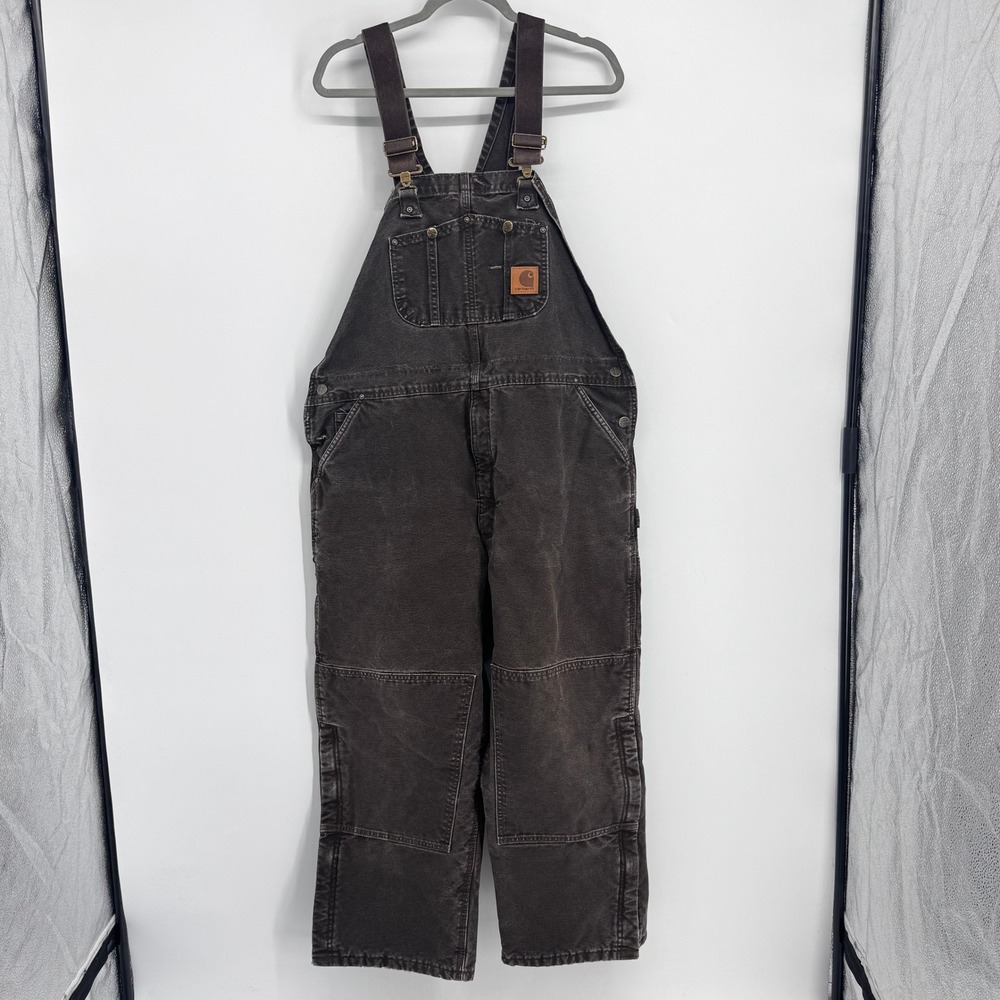 Carhartt Quilt Lined Duck Bib Overalls Mens 42x28 Dark Brown Double Knee R27-DKB